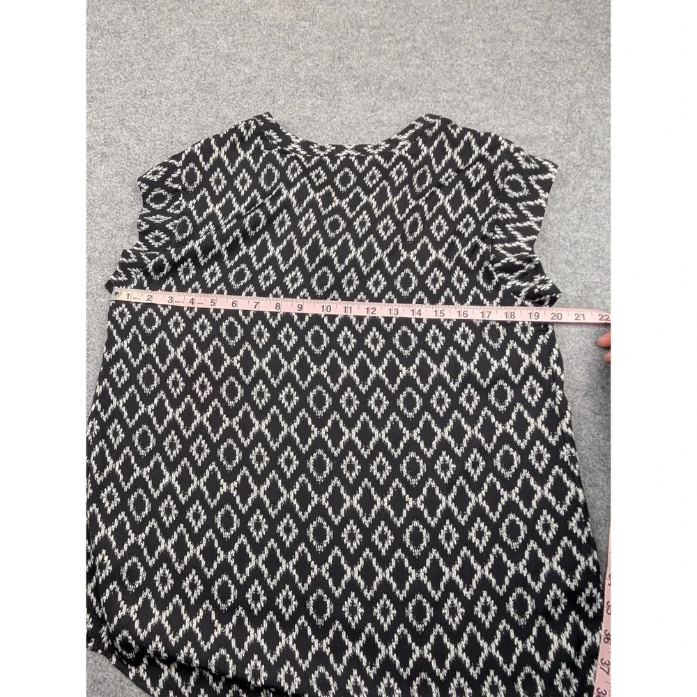 Hilary Radley Womens Black White Ikat Diamond Print Split Neck Blouse‎ Size Med